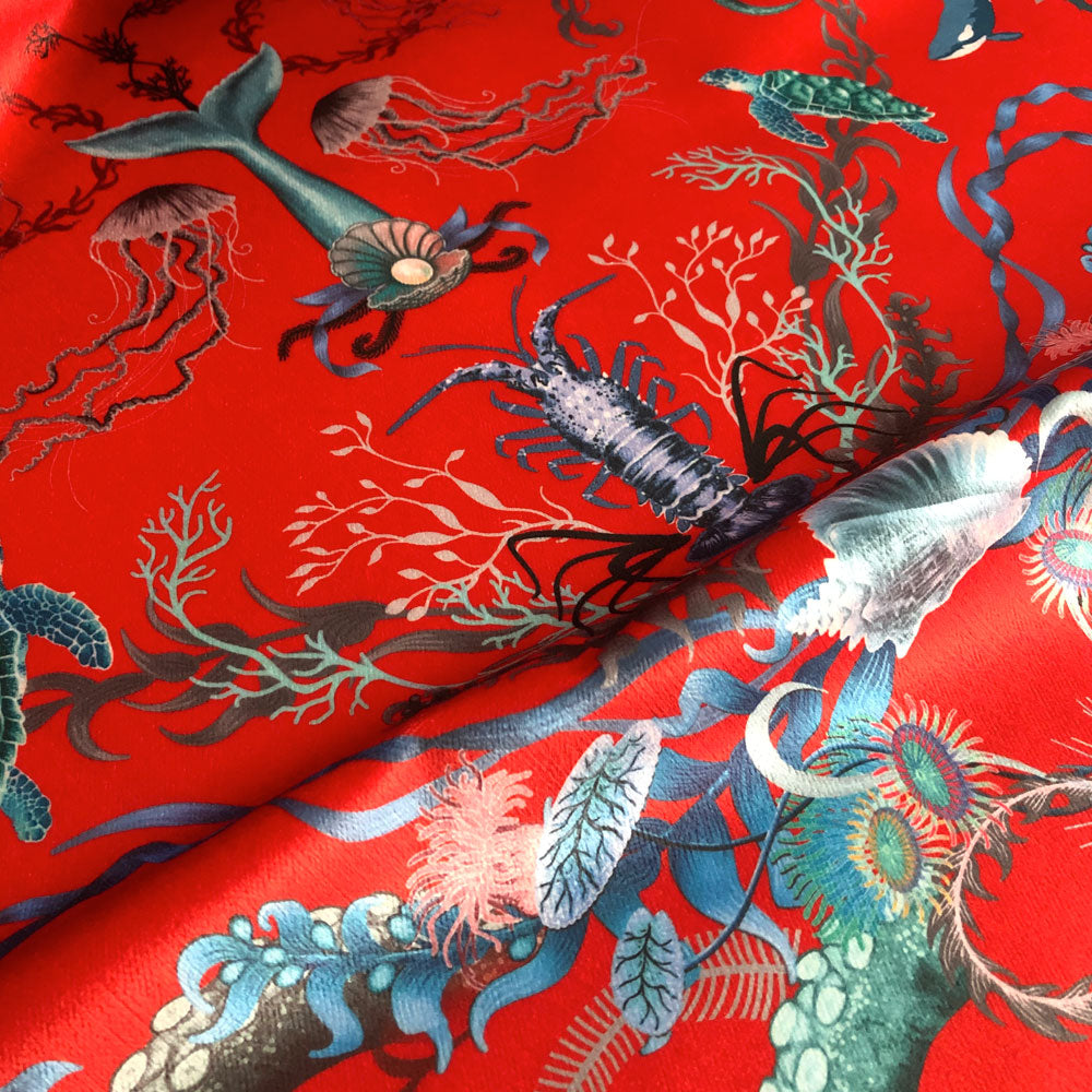 Red Patterned Designer Fabric for Coastal Interiors with Ocean Print by Becca Who