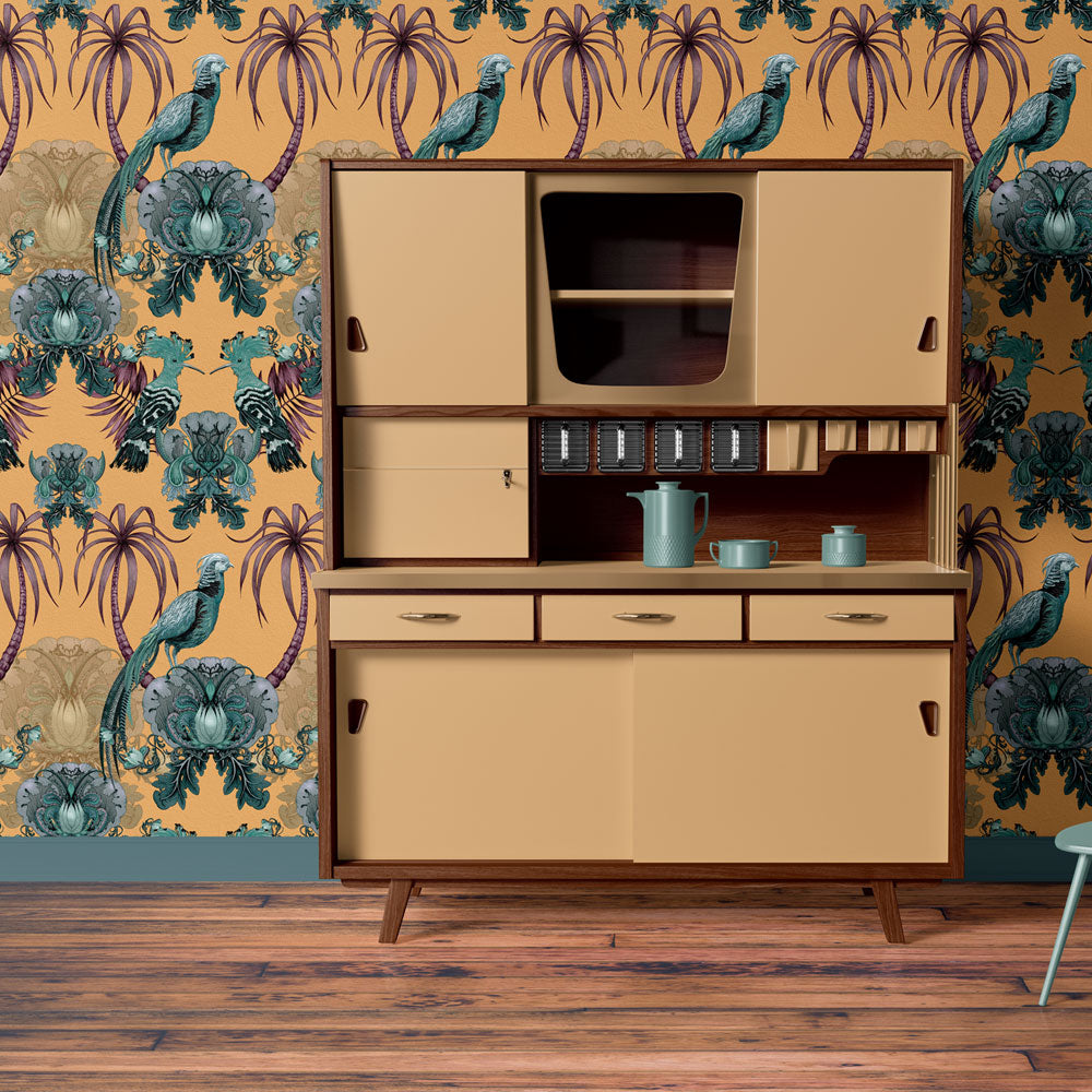 Bright Yellow Patterned Kitchen Wallpaper Feature Wall