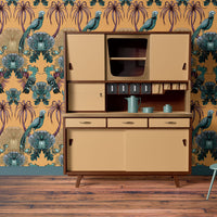 Bright Yellow Patterned Kitchen Wallpaper Feature Wall