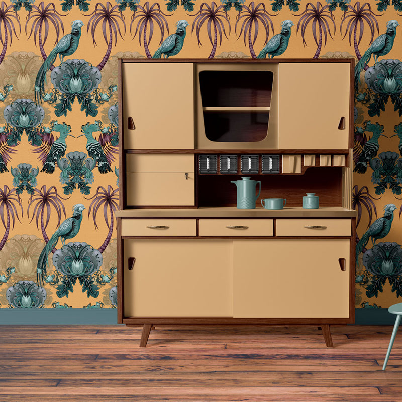 Bright Yellow Patterned Kitchen Wallpaper Feature Wall