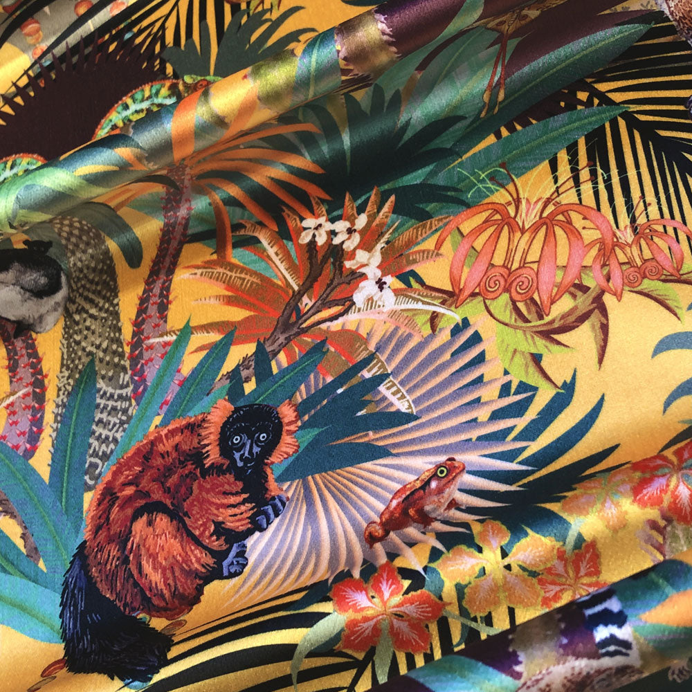 Colourful Furnishing  Fabric with Tropical Lemurs on Bright Yellow Velvet 