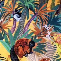 Yellow Velvet Furnishing Fabric with Lemurs and Tropical Trees by Becca Who