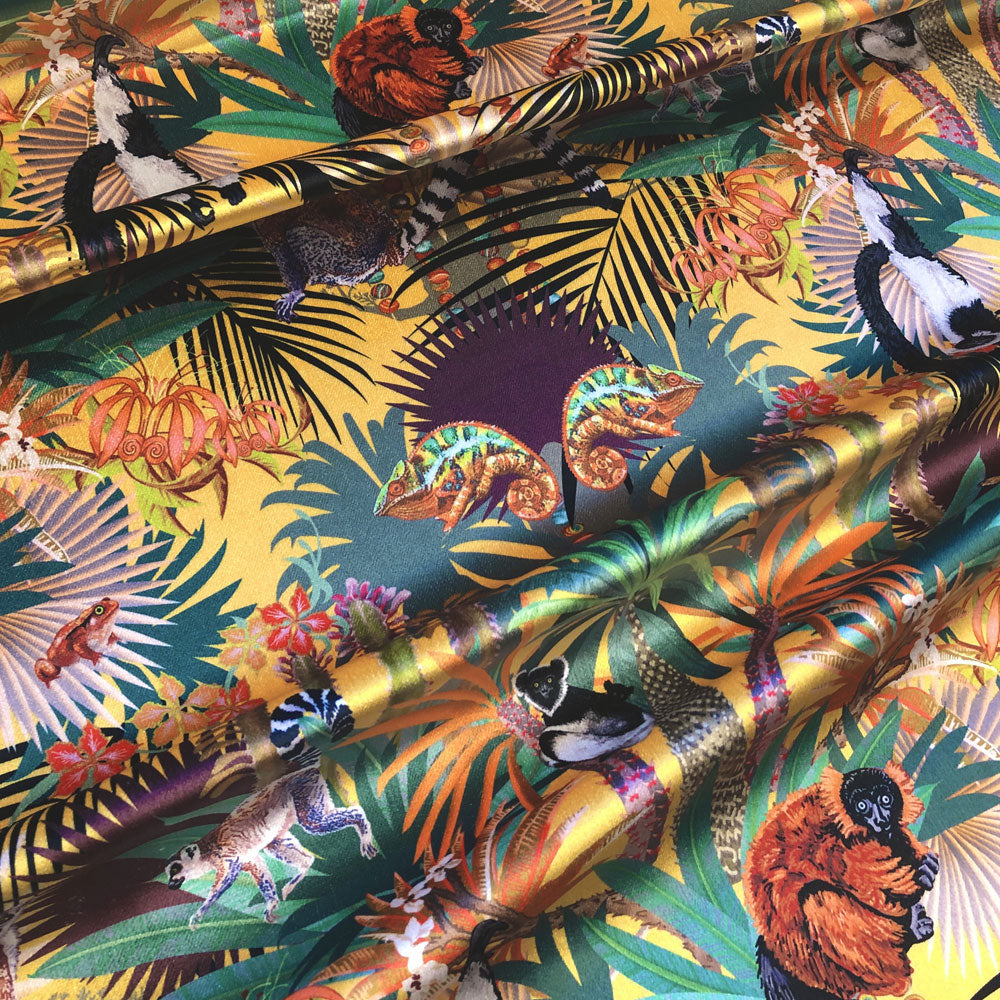 Bold Patterned Fabric with Colourful Lemurs Tropical Design by Becca Who