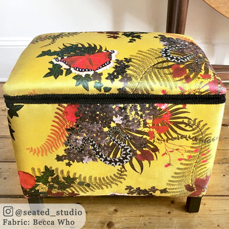 Bright Yellow Snakes Patterned Velvet Fabric by Designer, Becca Who, upholstery on Ottoman