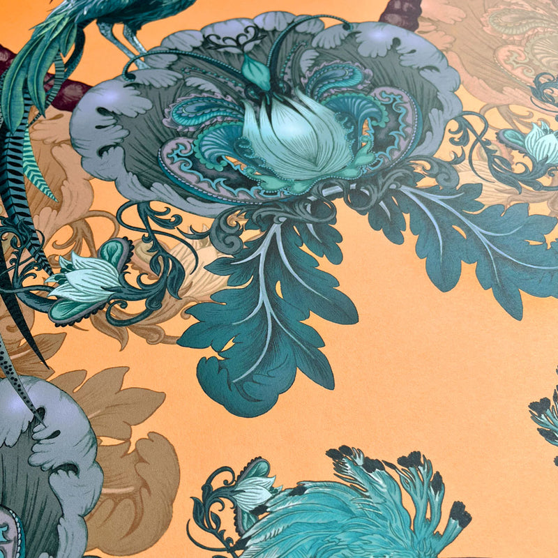 Bold Yellow and Teal Wallpaper with English Birds for Luxury Interiors by Designer, Becca Who