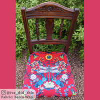 Bright Red Patterned Velvet Upholstery Fabric by Designer, Becca Who on dining chair