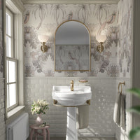 Champagne Ivory Statement Luxury Wallpaper in Bathroom by Designer, Becca Who