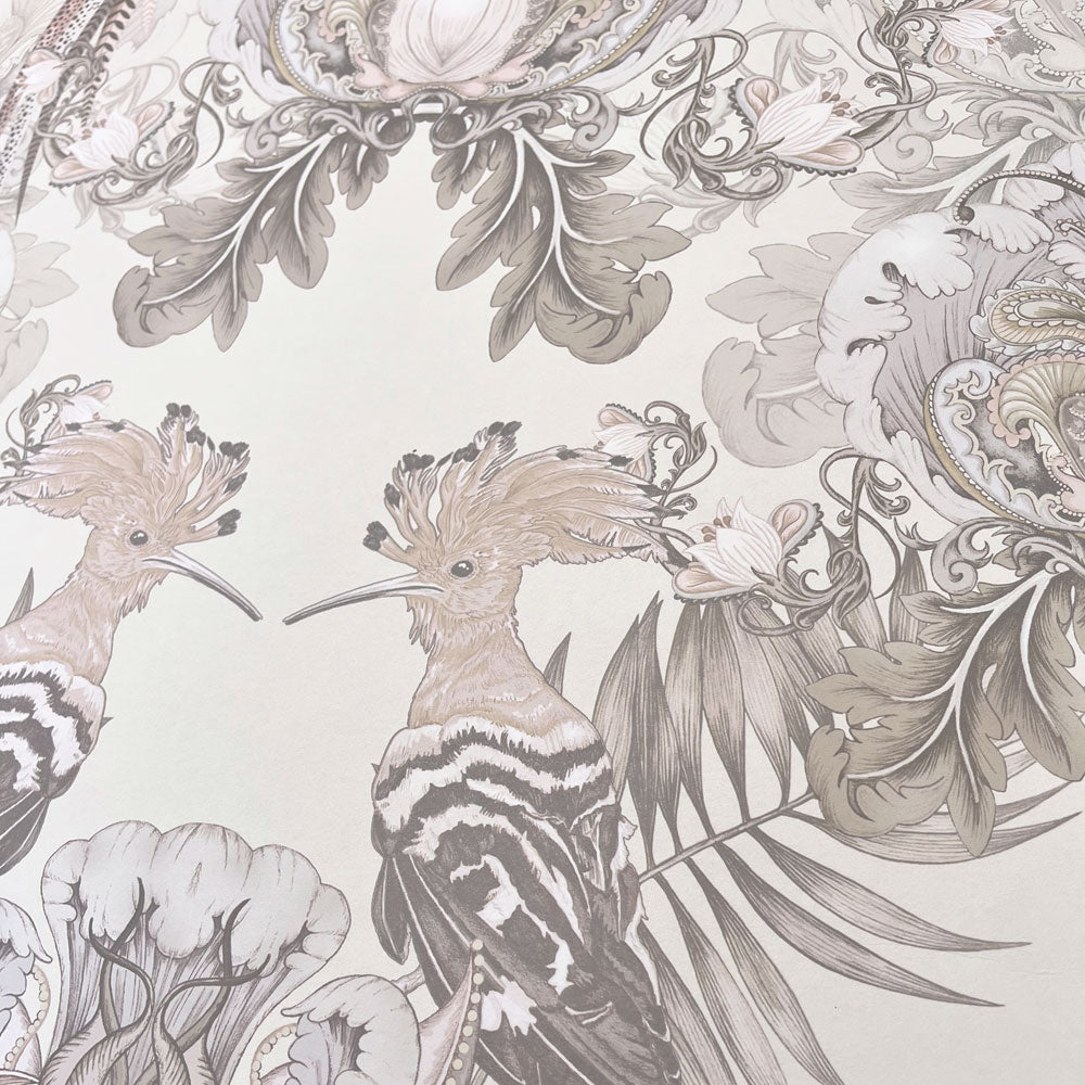 Luxury Designer Wallpaper in Champagne Ivory featuring large Birds and Florals by Becca Who