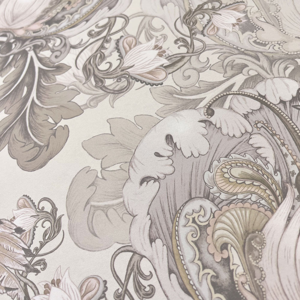 Luxury Patterned Wallpaper in Champagne Ivory featuring large Birds and Florals by Becca Who