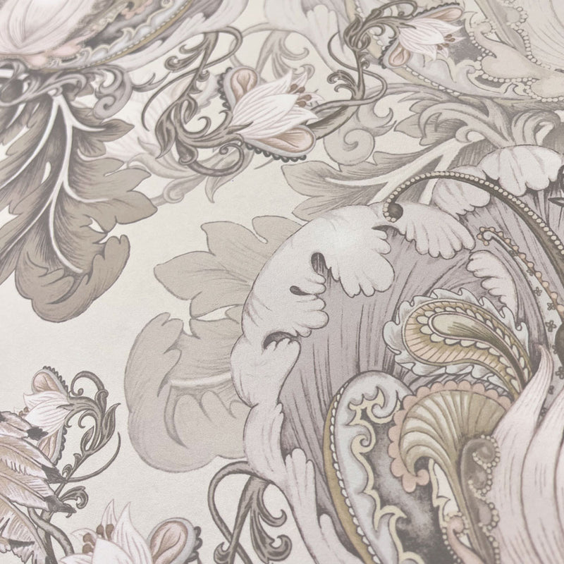 Luxury Patterned Wallpaper in Champagne Ivory featuring large Birds and Florals by Becca Who