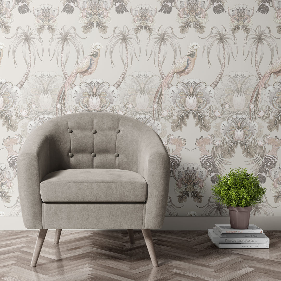 Luxury Statement Wallpaper in Champagne featuring large Birds and Florals by Designer, Becca Who