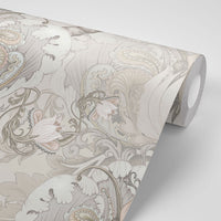 Luxury Statement Wallpaper in Champagne featuring large Birds and Florals by Becca Who