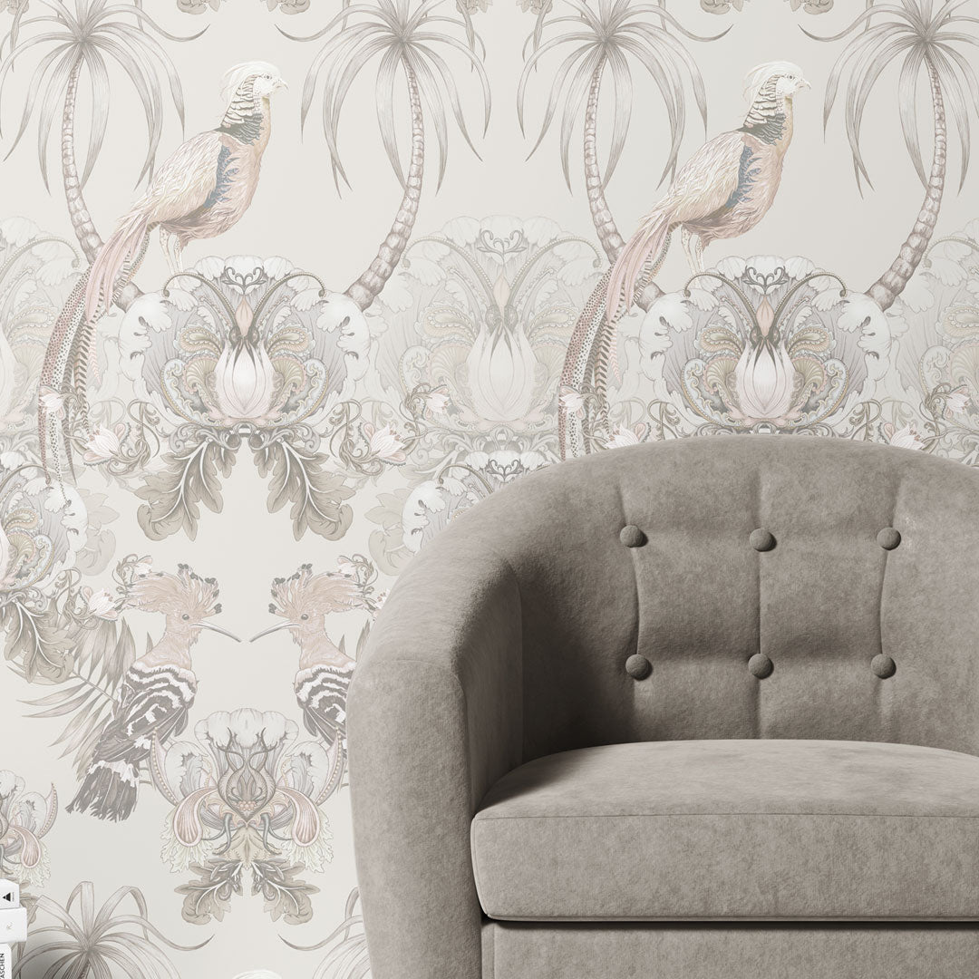 Luxury Statement Living Room Wallpaper in pale Champagne featuring large Birds and Florals by Designer, Becca Who