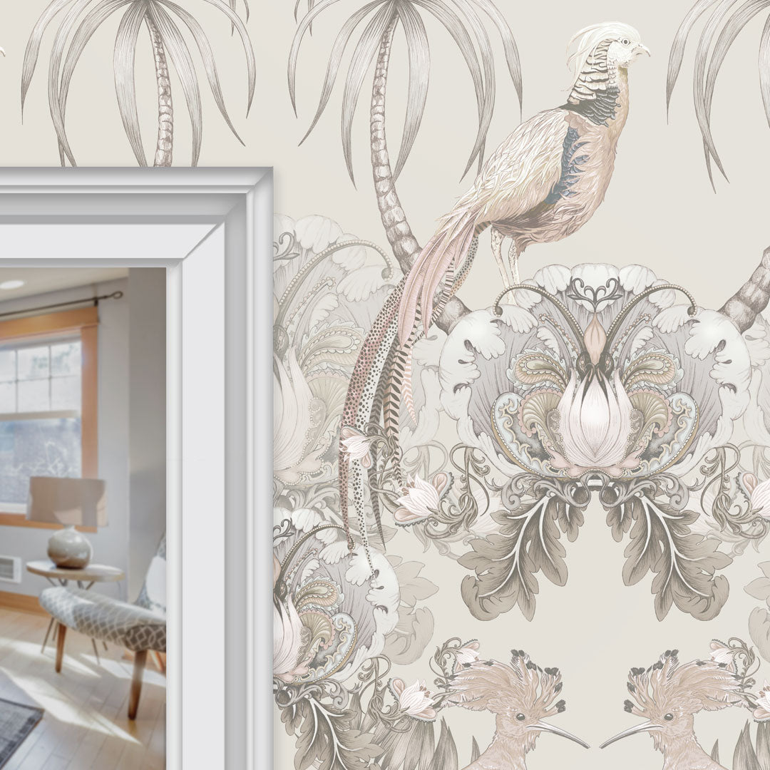 Luxury Statement Wallpaper in Champagne featuring large Birds and Florals