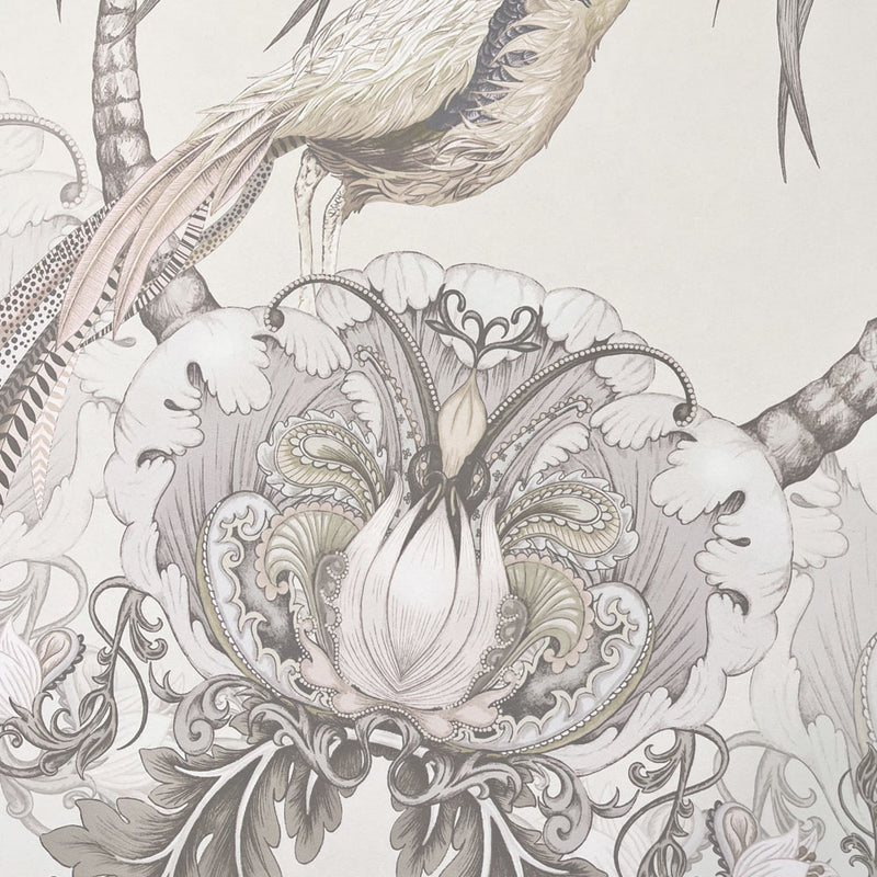 Feature Wallpaper in Champagne Ivory with Birds and Flowers by British Designer Becca Who