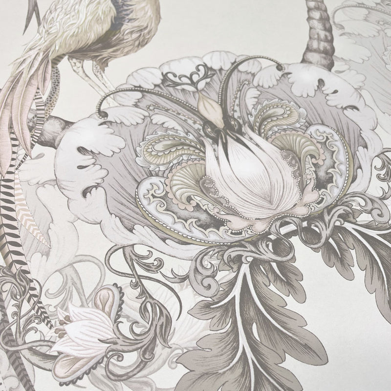 Designer Wallpaper in Champagne Ivory featuring large Birds and Florals by Becca Who