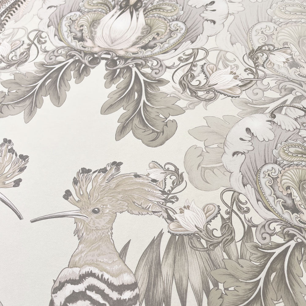 Luxury Designer Feature Wallpaper in Champagne Ivory with large Birds and Florals by Becca Who
