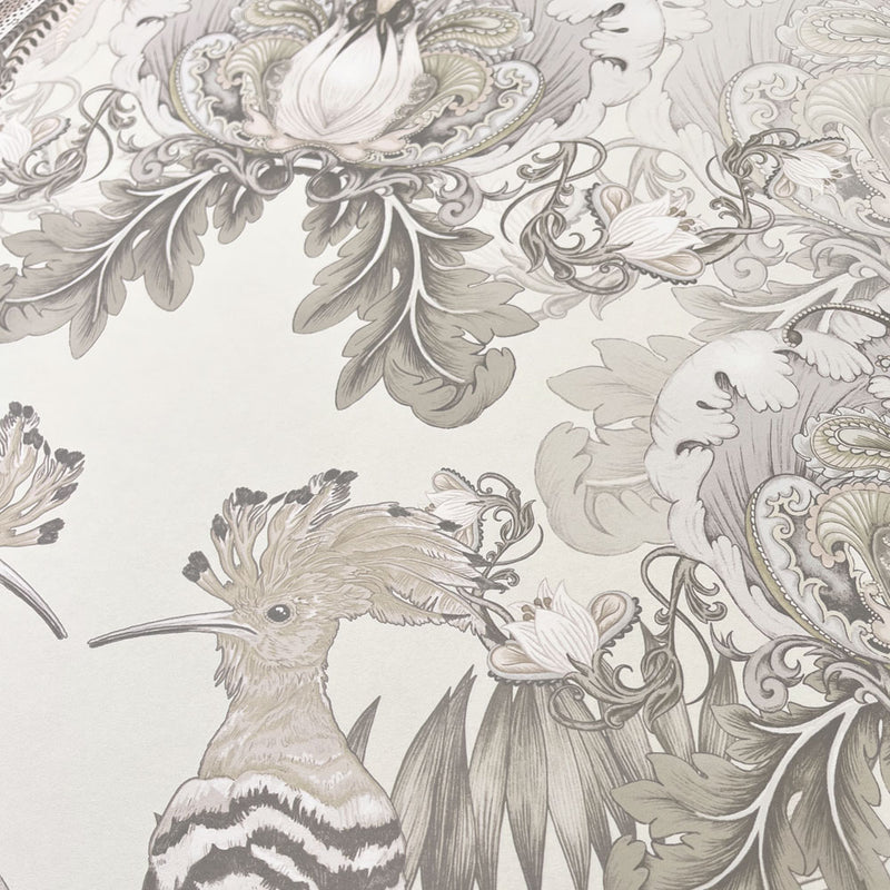 Luxury Designer Feature Wallpaper in Champagne Ivory with large Birds and Florals by Becca Who