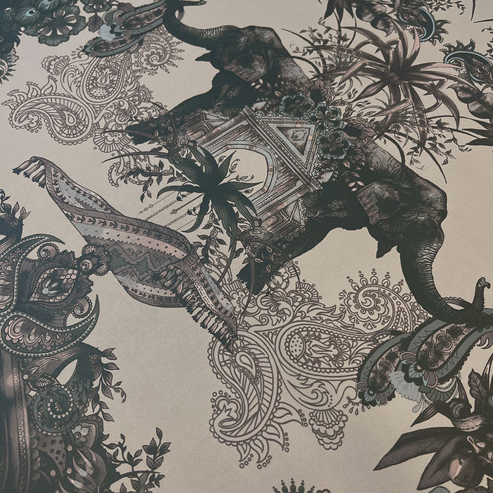 Grey Silver Statement Feature Wallpaper with Indian Pattern by UK Designer Becca Who 