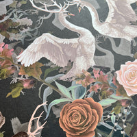 Charcoal Luxury Patterned Wallpaper with Swans by Designer, Becca Who