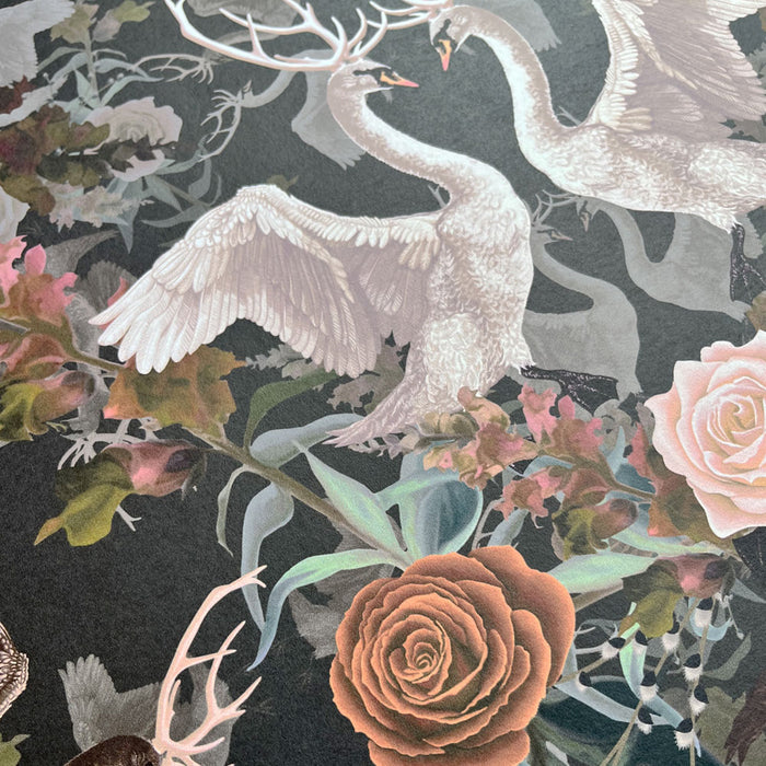 Charcoal Luxury Patterned Wallpaper with Swans by Designer, Becca Who