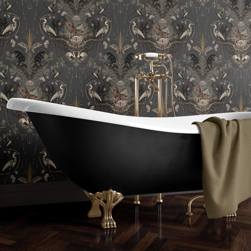 Charcoal & Gold Dark Luxury Wallpaper in Bathroom by Designer, Becca Who