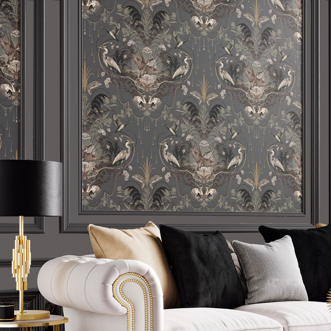 Opulent Charcoal & Gold Dark Decor Wallpaper by UK Designer, Becca Who