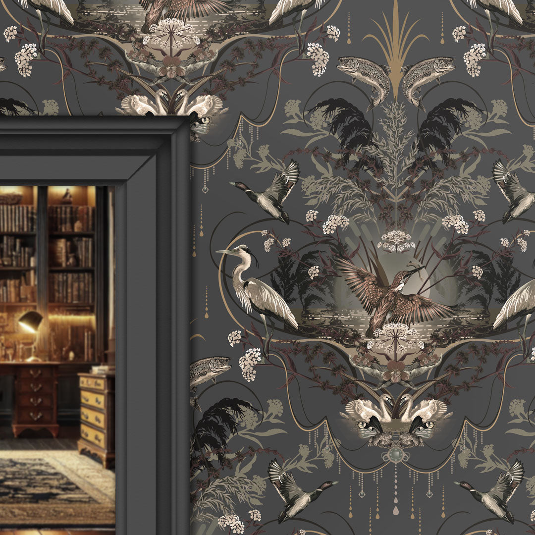 Charcoal & Gold Dark Decor Wallpaper with English riverside by UK Designer, Becca Who