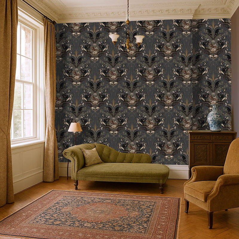Dark Decor Luxury Living Room Wallpaper in Charcoal and Gold by Designer, Becca Who