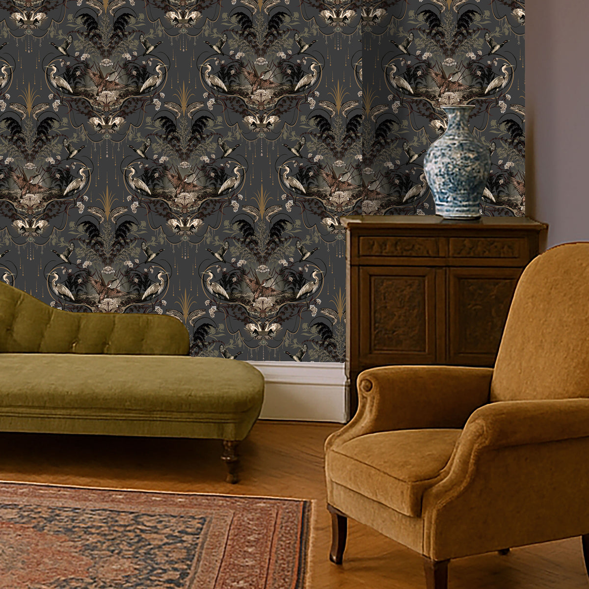 Dark Decor Luxury Wallpaper in Charcoal Gold by Designer, Becca Who