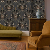 Dark Decor Luxury Wallpaper in Charcoal Gold by Designer, Becca Who
