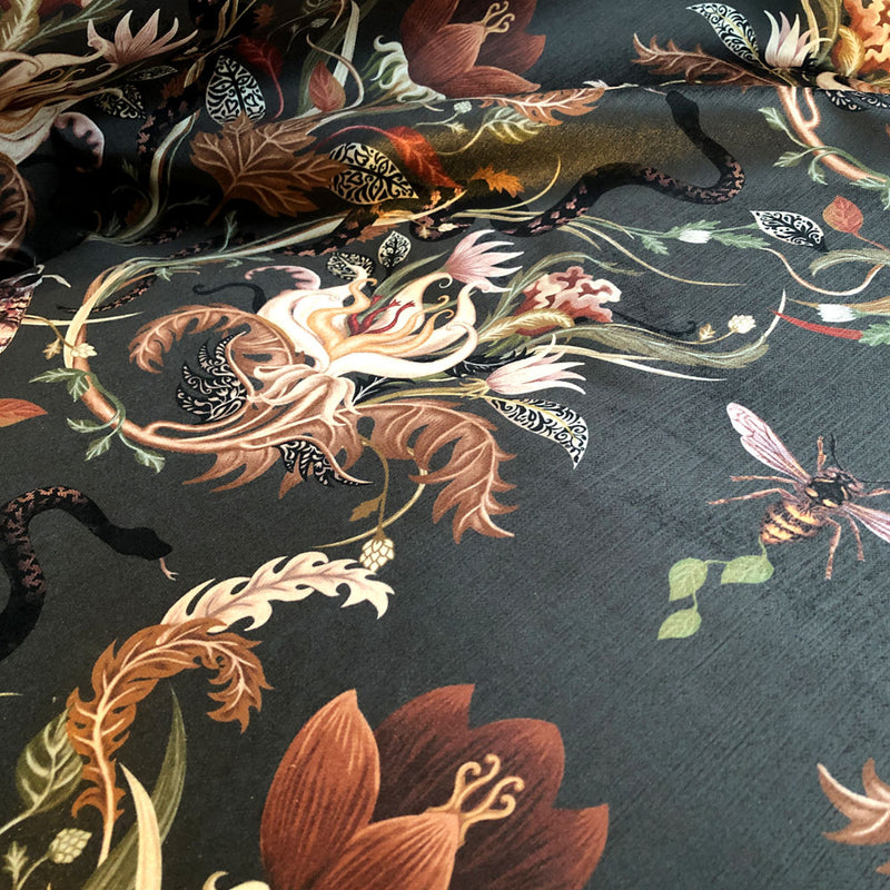 Charcoal Grey Snakes Floral Patterned Velvet Fabric for Upholstery and Curtains by Designer, Becca Who