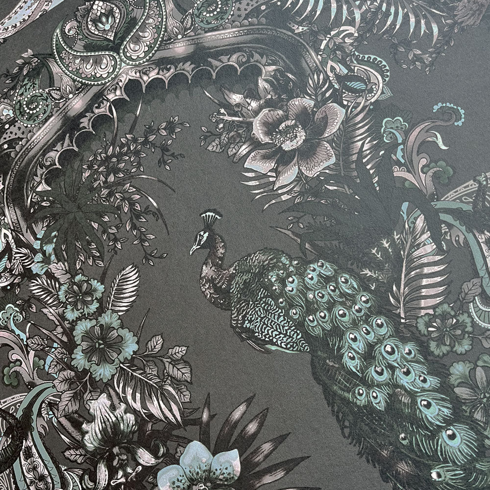 Dark Decor Luxury Designer Wallpaper in Charcoal Grey with Indian Pattern by Becca Who