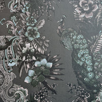 Dark Decor Luxury Designer Wallpaper in Charcoal Grey with Peacocks by Becca Who
