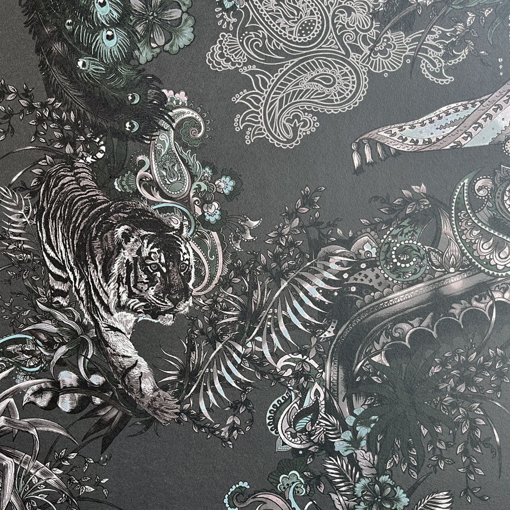 Dark Decor Luxury Designer Wallpaper in Charcoal with Indian Pattern by Becca Who