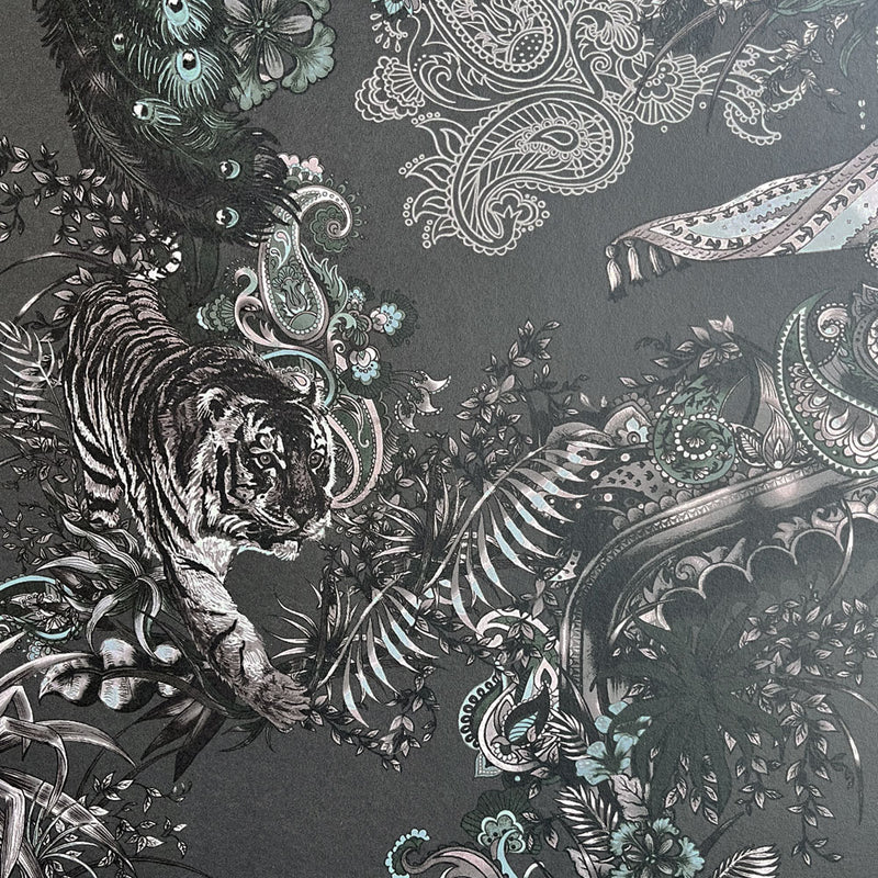 Dark Decor Luxury Designer Wallpaper in Charcoal with Indian Pattern by Becca Who
