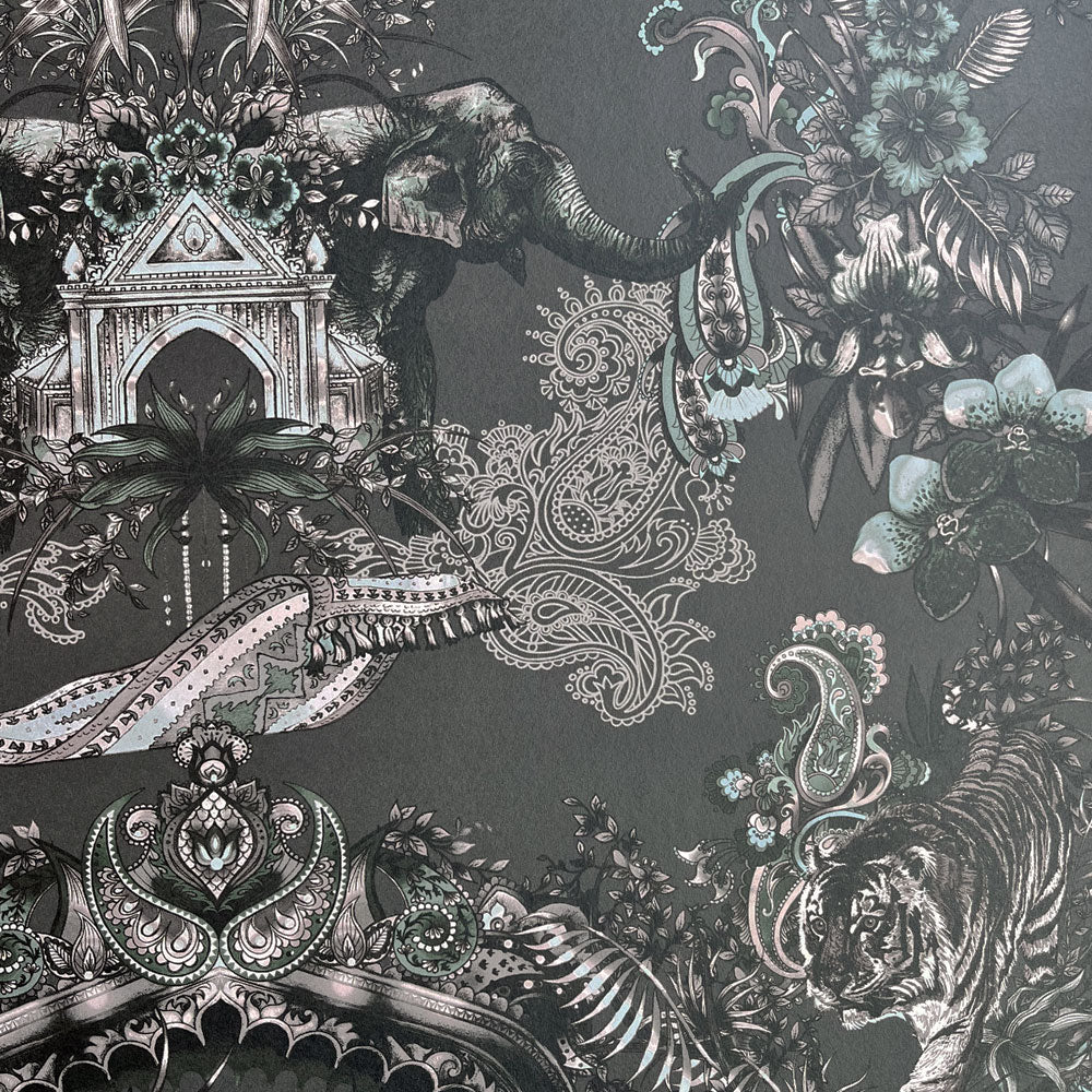 Luxury Designer Wallpaper in Charcoal Dark Grey with Indian Pattern by Becca Who