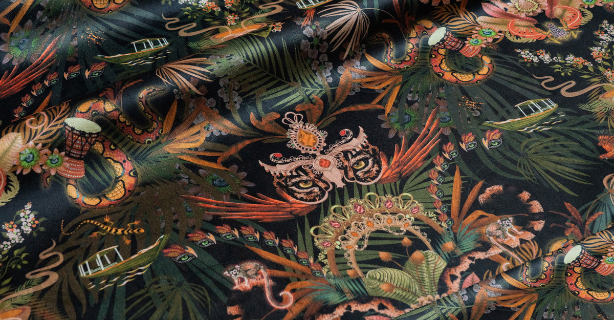 Close up of Amazon Trip, bold jungle print velvet upholstery fabric by Designer, Becca Who