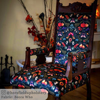 Colourful Patterned Velvet Upholstery Fabric by Designer, Becca Who, on antique chair