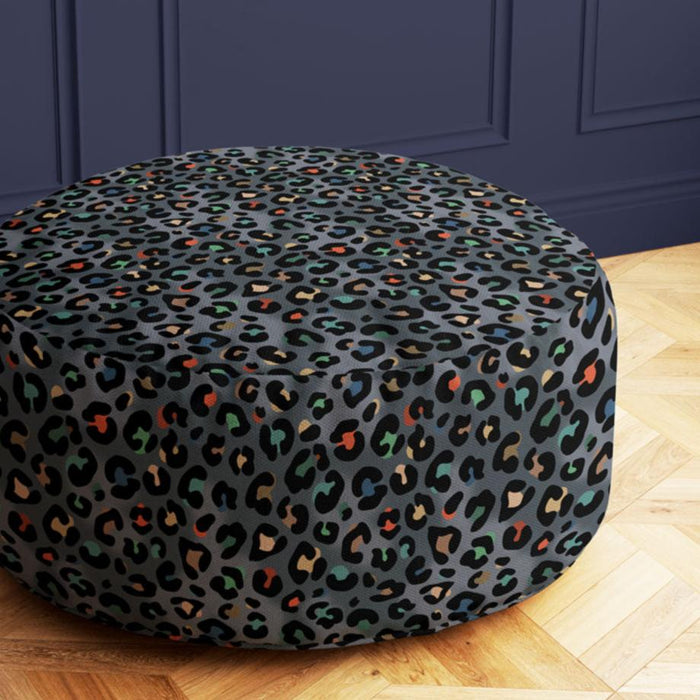 Colourful Leopard Print Designer Velvet Upholstery & Curtain Fabric on Pouffe