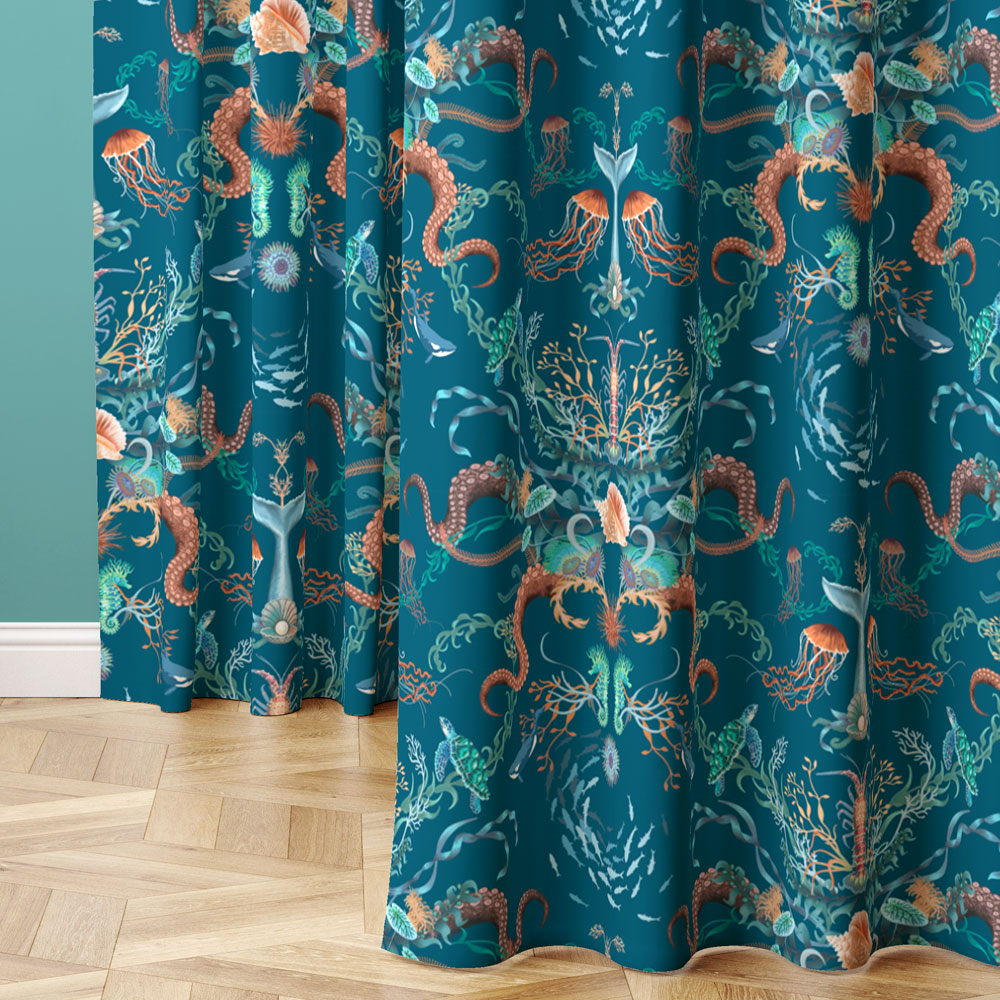 Patterned Velvet Curtain Fabric Ocean Treasures in Blue Bay for coastal interiors by Designer Becca Who