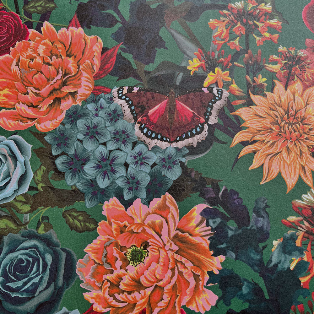 Colourful Heavy Floral Luxury Wallpaper on Green by Designer, Becca Who 