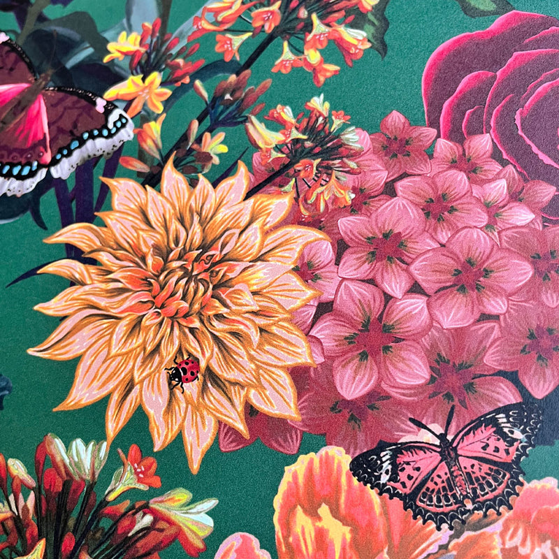 Colourful Patterned Floral Wallpaper on Green by Designer, Becca Who 