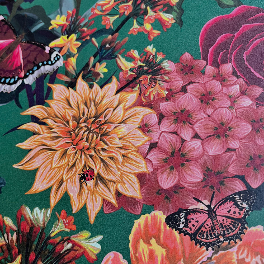 Colourful Patterned Floral Wallpaper on Green by Designer, Becca Who 