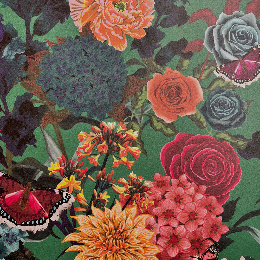 Bold, Colourful Floral Wallpaper on Green by UK Designer, Becca Who 