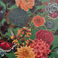 Bold, Colourful Floral Wallpaper on Green by UK Designer, Becca Who 