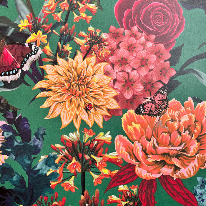 Colourful Floral Patterned Wallpaper on Green by Designer, Becca Who 