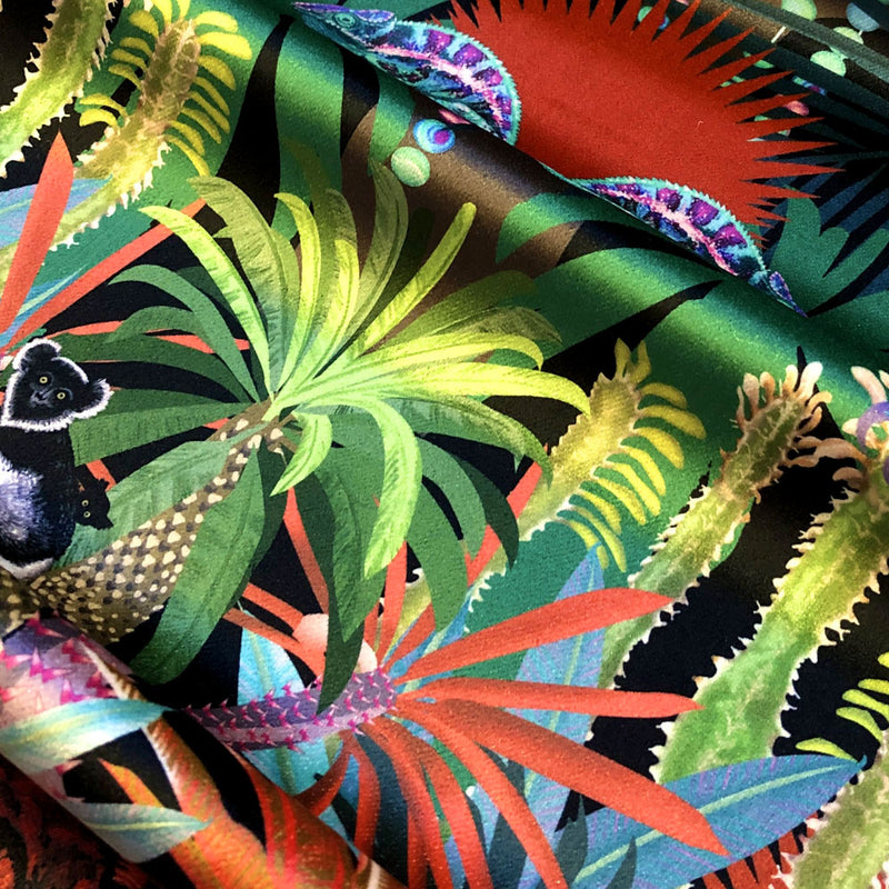 Bright, colourful velvet with tropical trees and lemurs of Madagascar for Upholstery