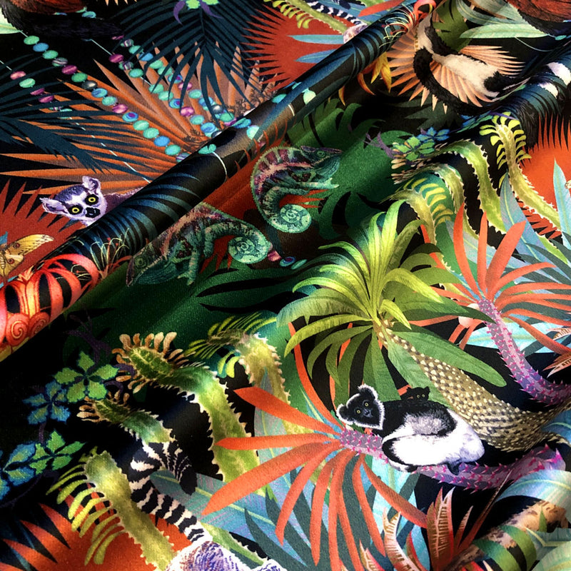 Vibrant Fabric Design with tropical wildlife and lemurs 