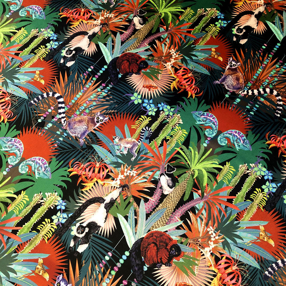 Patterned Velvet Furnishing Fabric with Lemurs in tropical trees